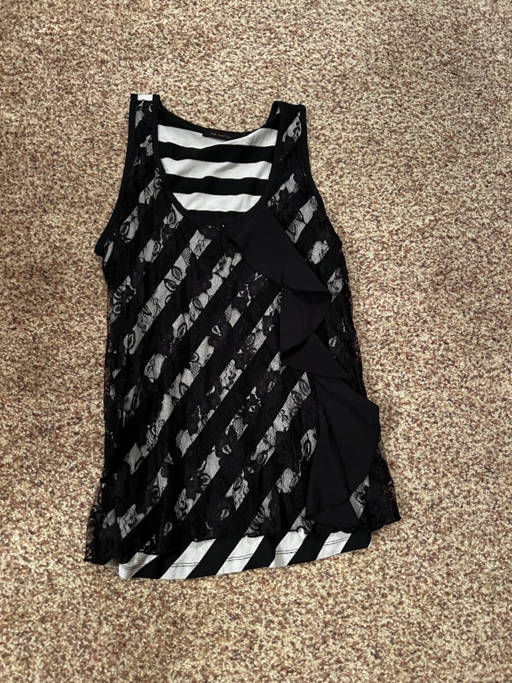 Lace ruffle sheer overlay tank top black stripes